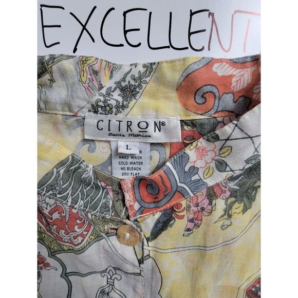 Citron Santa Monica Womens Linen Asian Print Button-Up Shirt Large 3/4 Sleeve - Picture 3 of 7